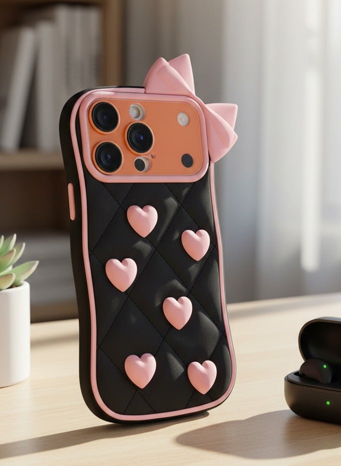 A suitable case for the iPhone 17 Pro Max, a shockproof back cover with a 3D pink bow design made of soft silicone.